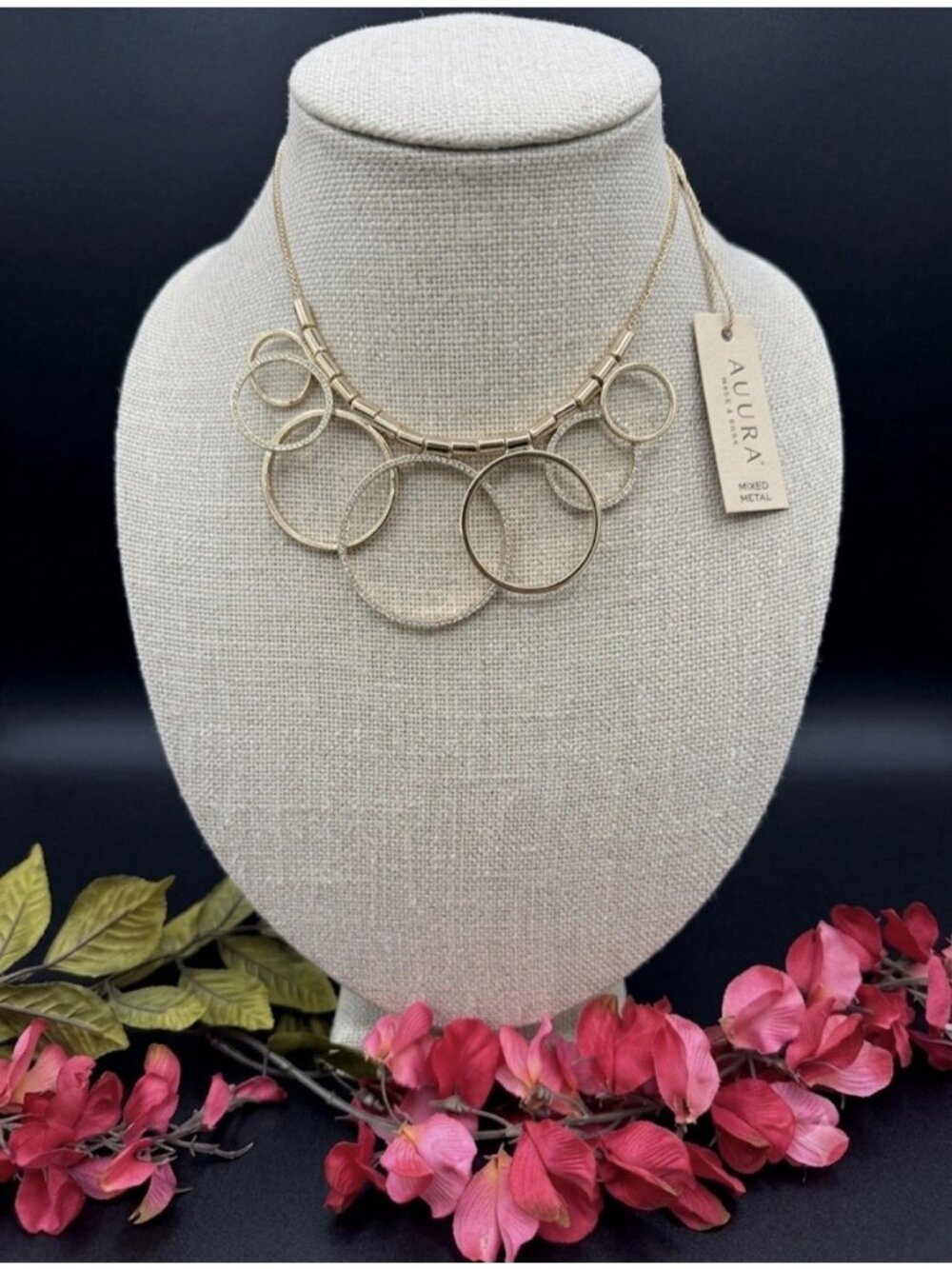 Saks Fifth Ave Gold Tone Chunky Ring Pendants CZ Statement Necklace 19" NEW